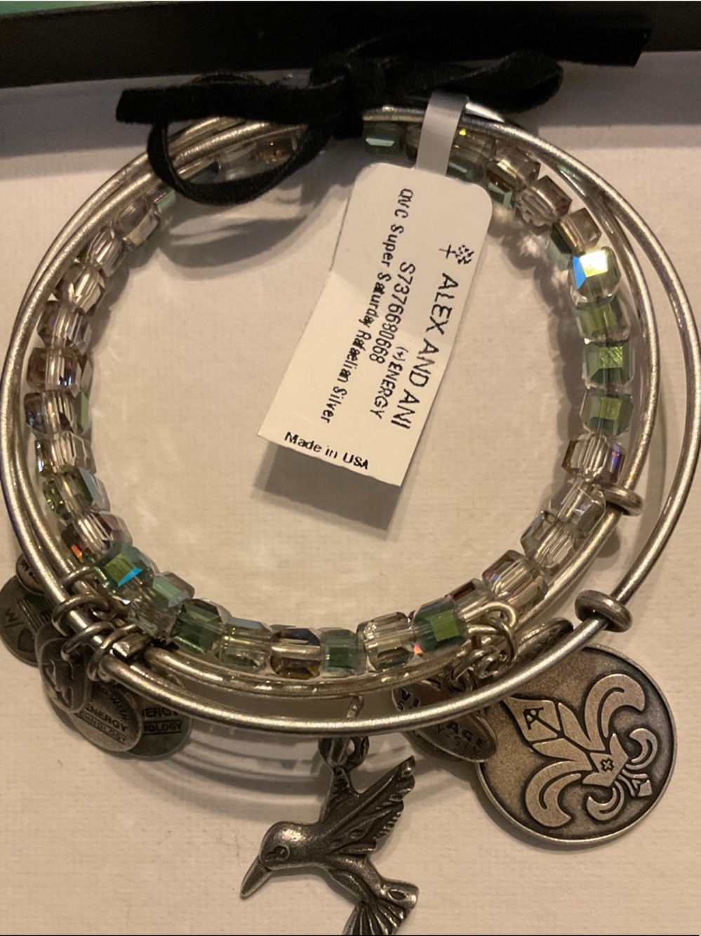 Alex and Ani Silver-Tone Charm Bangle Set with Iridescent Green Beads